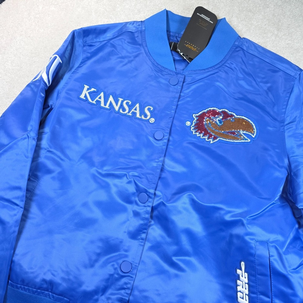 Kansas Jayhawks Bomber Jacket Womens M Blue Pro Standard Satin Varsity NCAA NWT